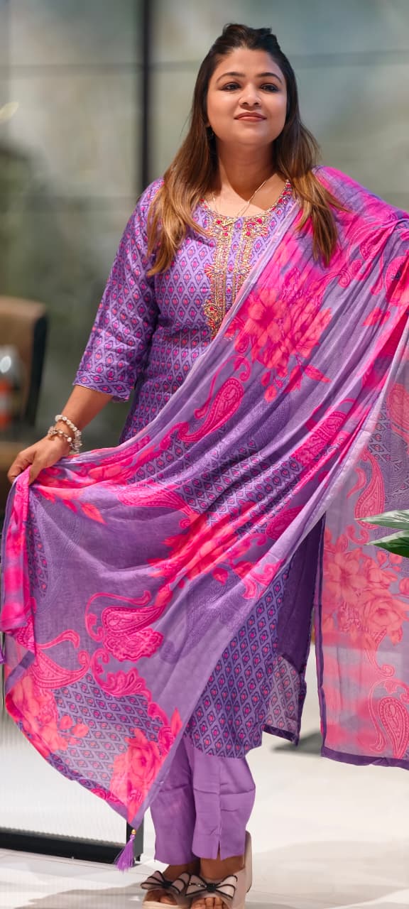 Detailed Floral Yoke Embroidery Lavender Purple Geometric Print Russian Silk Full Suit Set SLIGHTLY LEAN FIT