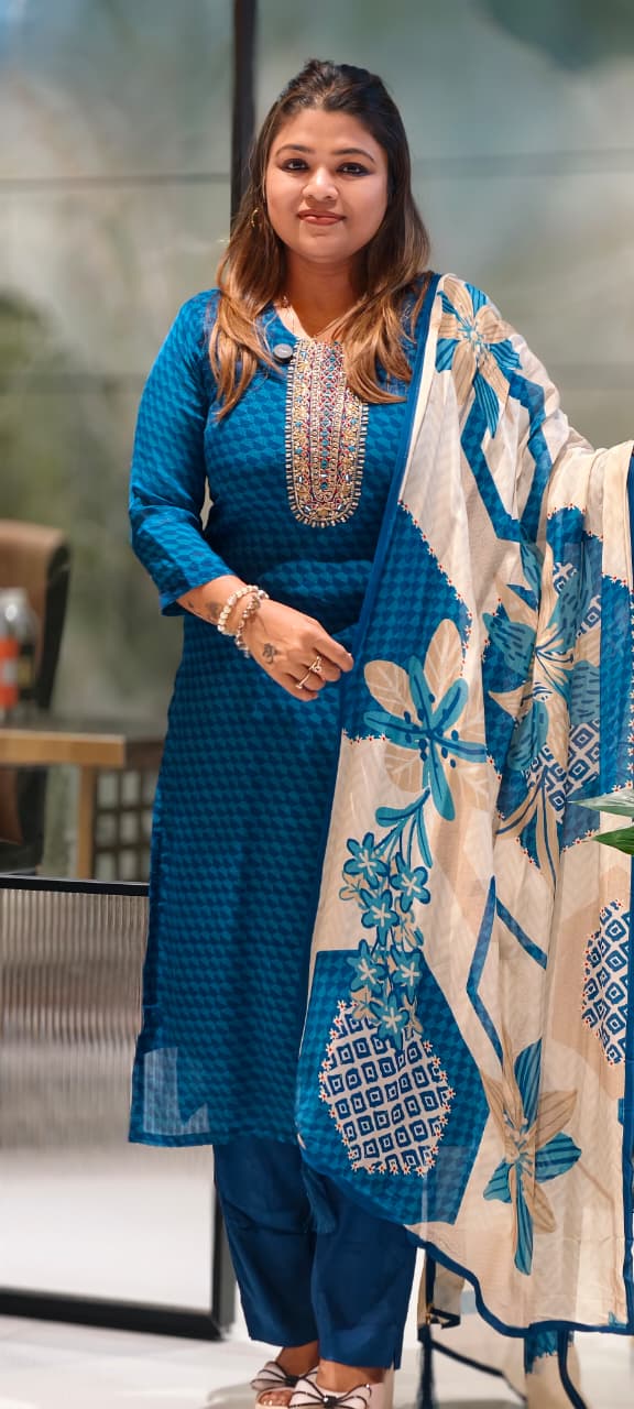 Traditional Embroidered Yoke Royal Blue Micro-Geometric Print Full Suit Set with Dupatta