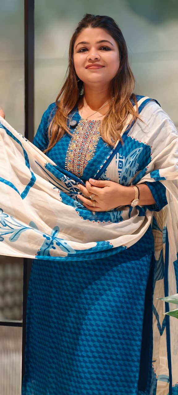 Traditional Embroidered Yoke Royal Blue Micro-Geometric Print Full Suit Set with Dupatta