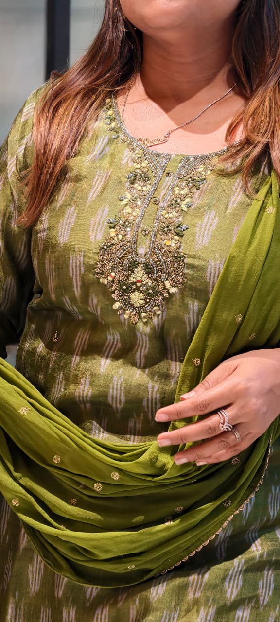 Moss Green Textured Ikat Pattern Full Suit Set with Zardosi Embroidered Neck