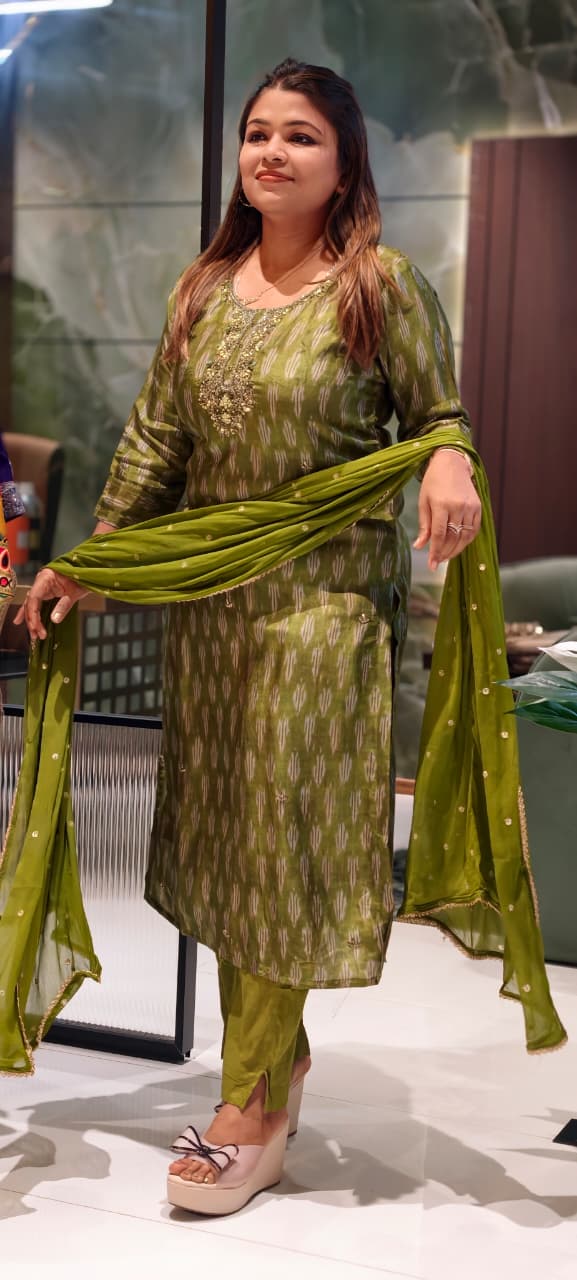 Moss Green Textured Ikat Pattern Full Suit Set with Zardosi Embroidered Neck