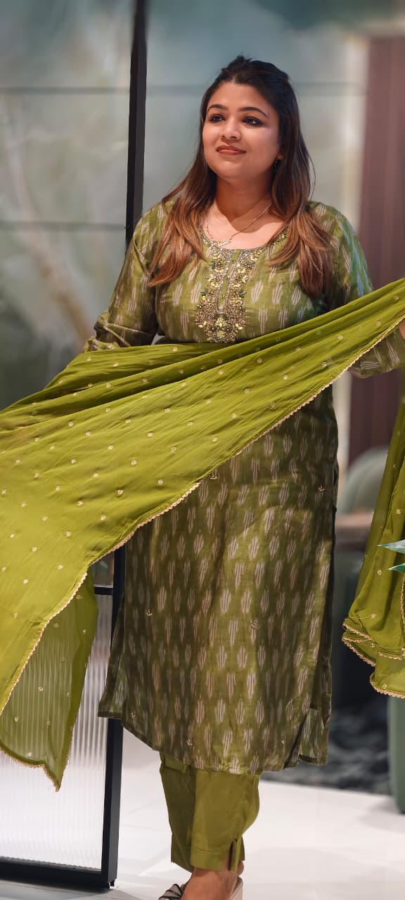 Moss Green Textured Ikat Pattern Full Suit Set with Zardosi Embroidered Neck
