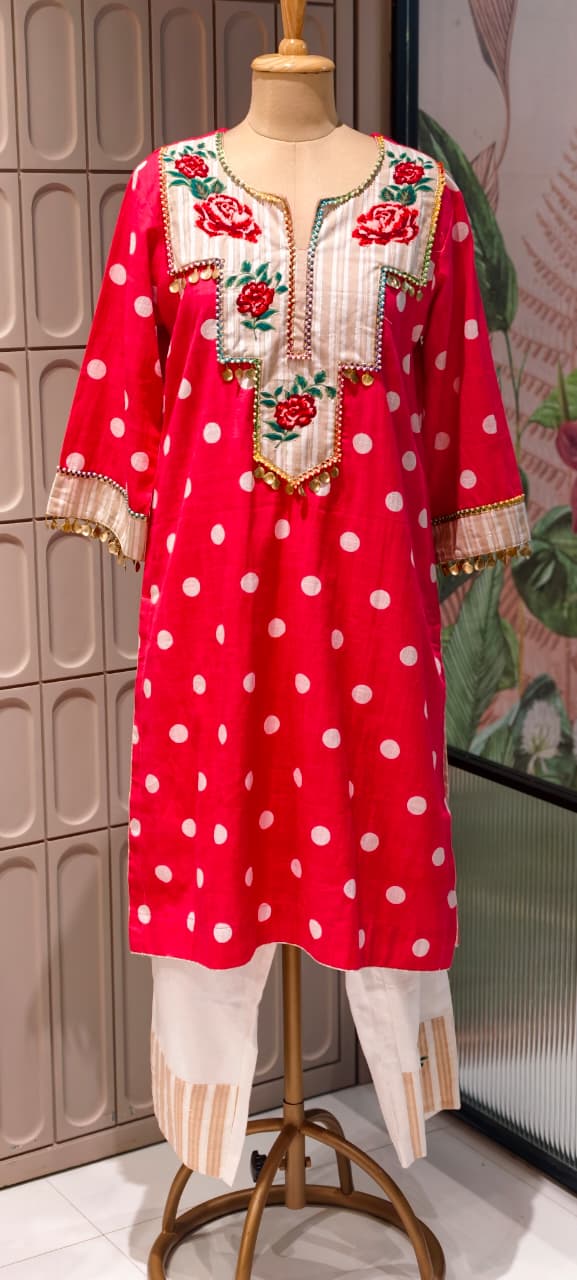 Boho Chic Vibrant Polka Dot Cotton Kurta Pant Set with Floral Patchwork- 14878