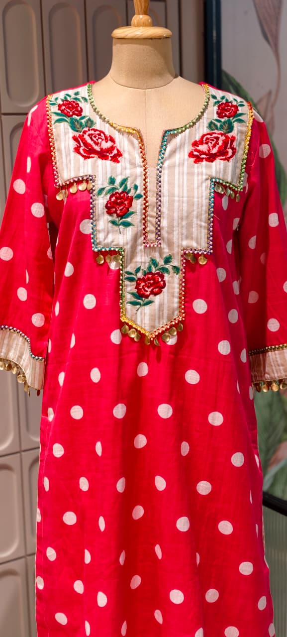 Boho Chic Vibrant Polka Dot Cotton Kurta Pant Set with Floral Patchwork- 14878