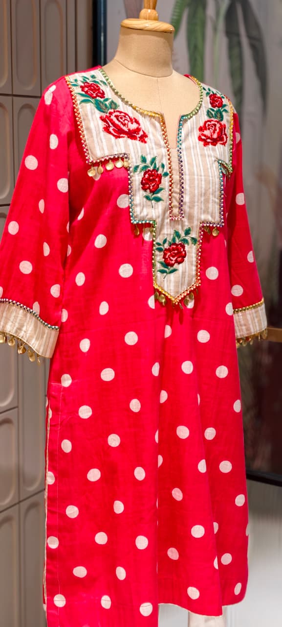 Boho Chic Vibrant Polka Dot Cotton Kurta Pant Set with Floral Patchwork- 14878