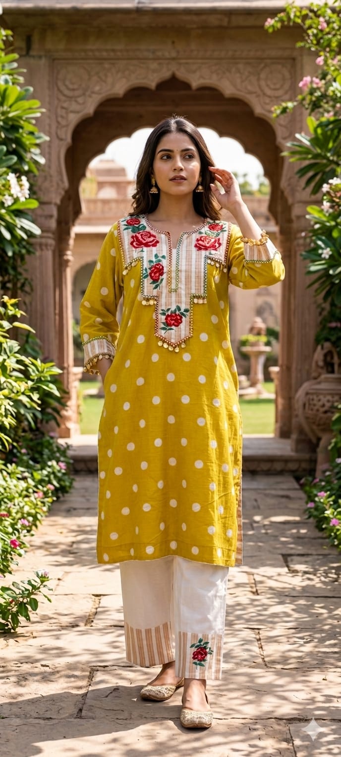 Boho Chic Vibrant Polka Dot Cotton Kurta Pant Set with Floral Patchwork- 14878