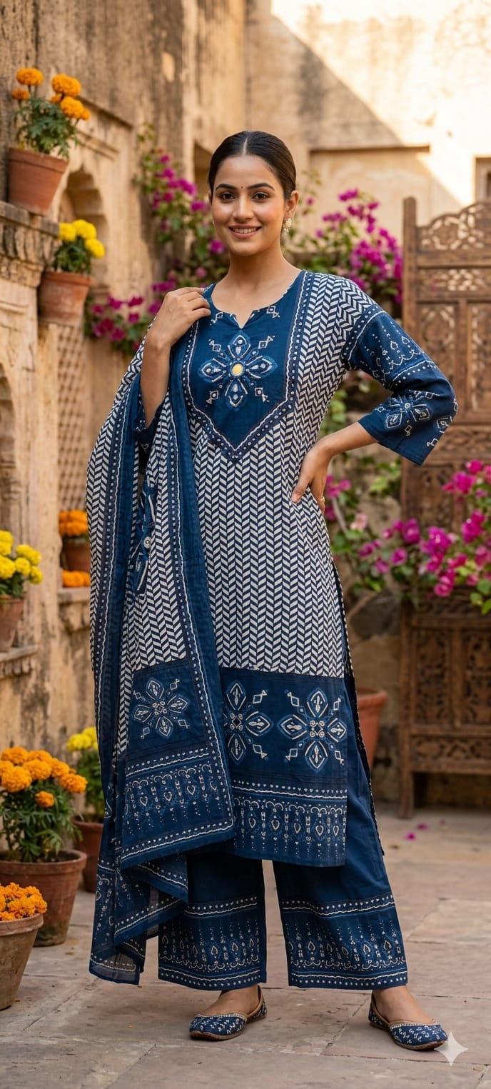 Geometric Chevron Print 3-Piece Cotton Full Suit Set with Mirror-Work Yoke- 14920