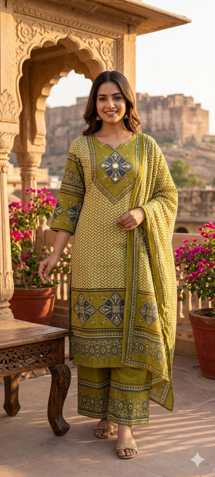 Geometric Chevron Print 3-Piece Cotton Full Suit Set with Mirror-Work Yoke- 14920