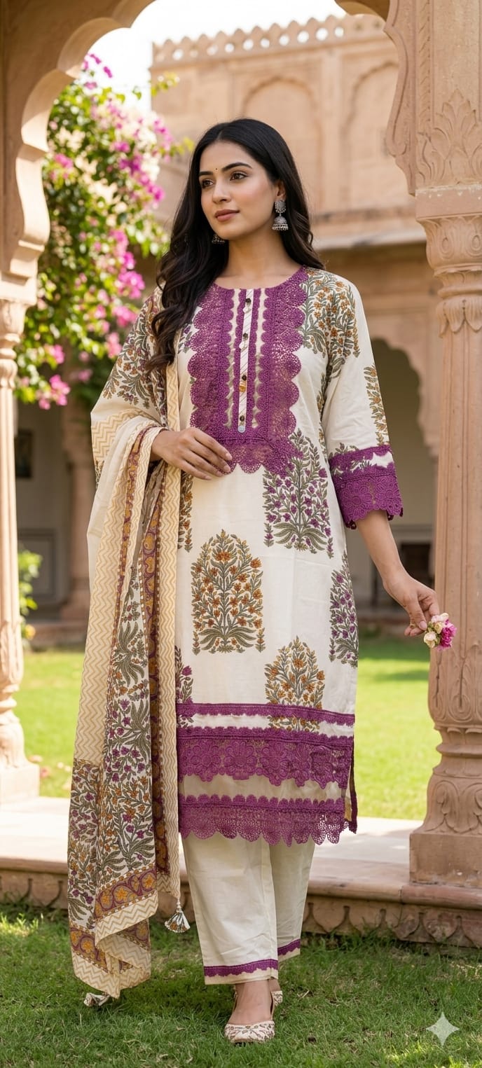 Floral Block Print Straight Cotton Full Suit Set With Dupatta With Crochet Lace Detailing- 14904