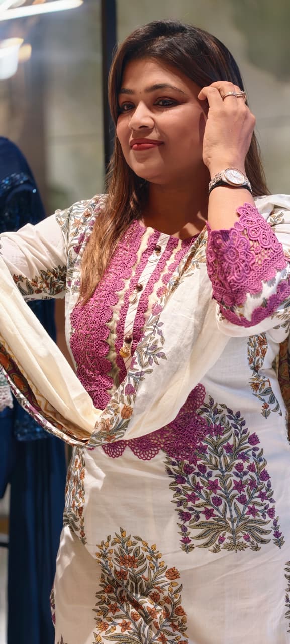 Floral Block Print Straight Cotton Full Suit Set With Dupatta With Crochet Lace Detailing- 14904