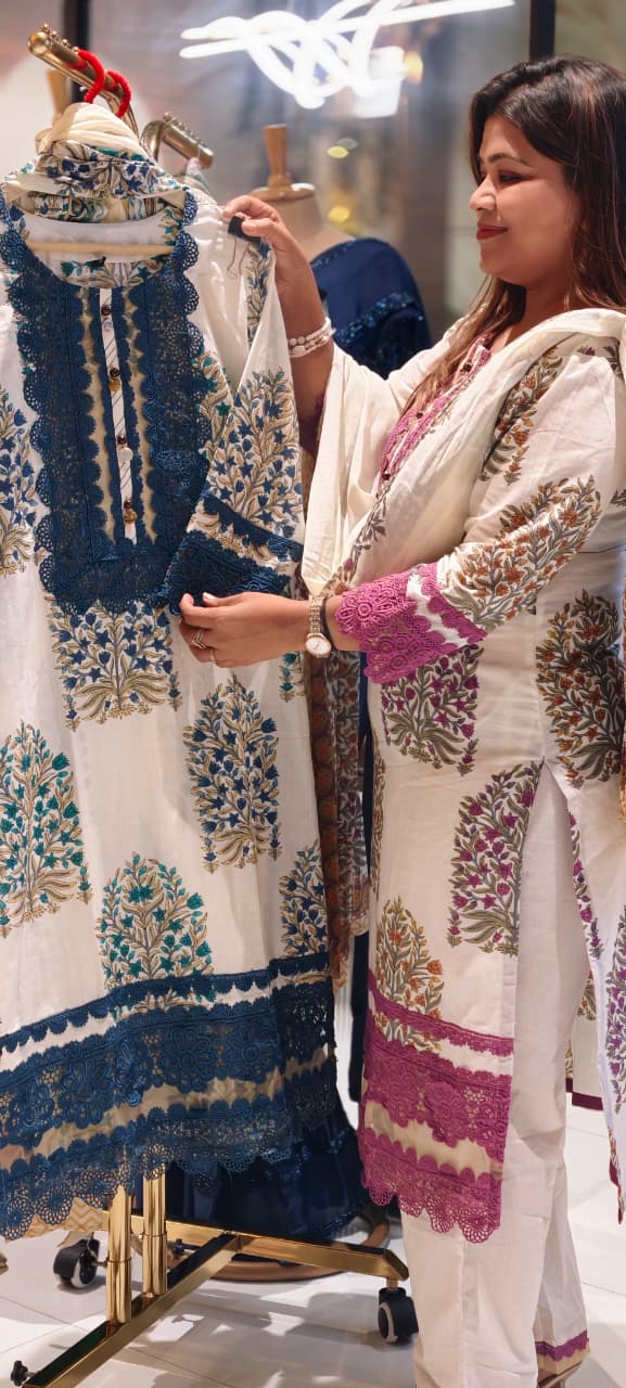Floral Block Print Straight Cotton Full Suit Set With Dupatta With Crochet Lace Detailing- 14904
