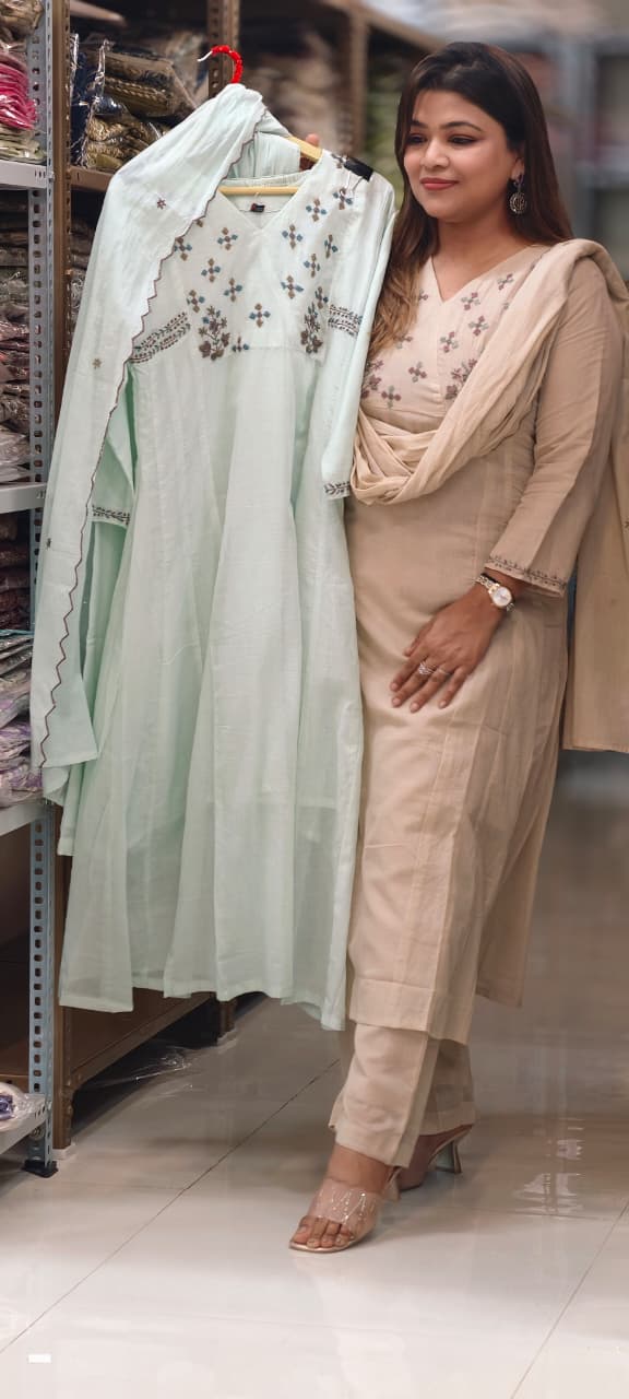 Premium Mul Cotton Delicate Embroidered A-Line Full Suit Set with Dupatta- 14893