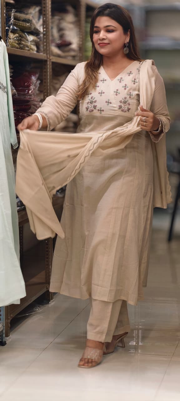 Premium Mul Cotton Delicate Embroidered A-Line Full Suit Set with Dupatta- 14893