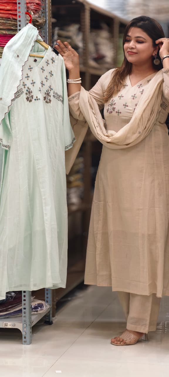 Premium Mul Cotton Delicate Embroidered A-Line Full Suit Set with Dupatta- 14893