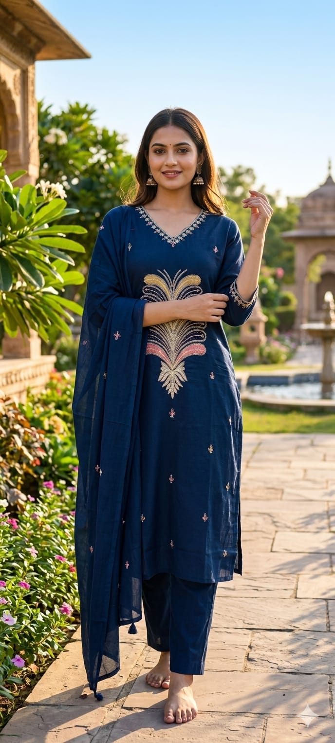 Premium Cotton Straight Full Suit Set with Statement Tree-of-Life Embroidery & Tassel Dupatta- 14895 (Dispatching From Monday)
