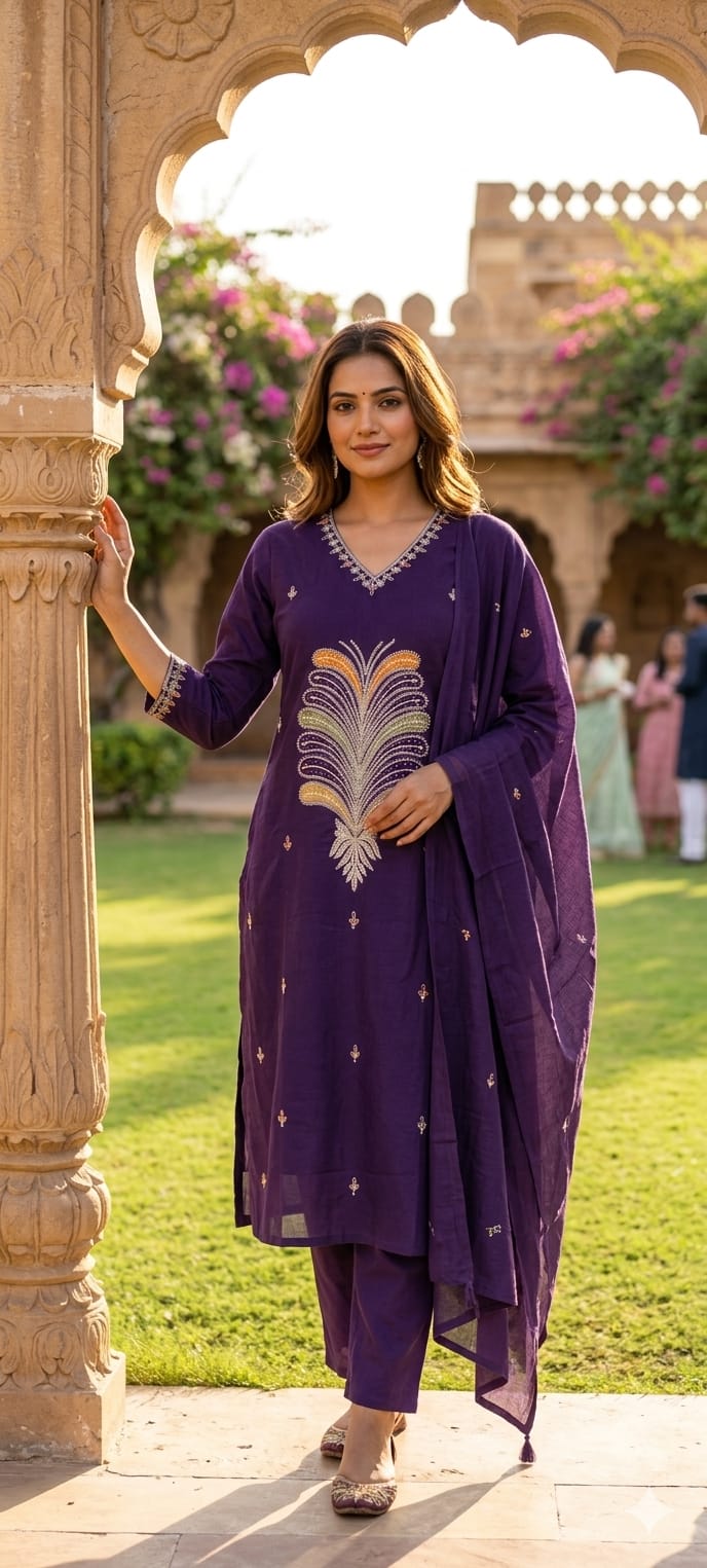 Premium Cotton Straight Full Suit Set with Statement Tree-of-Life Embroidery & Tassel Dupatta- 14895 (Dispatching From Monday)