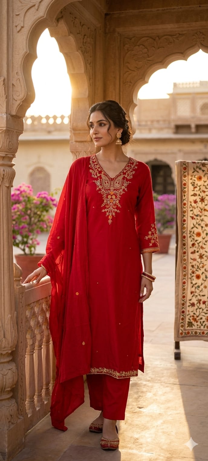 Classic Cotton Straight Full Suit Set with Intricate Kashmiri Paisley Embroidery & Dupatta- 14895 (Dispatching From Monday)