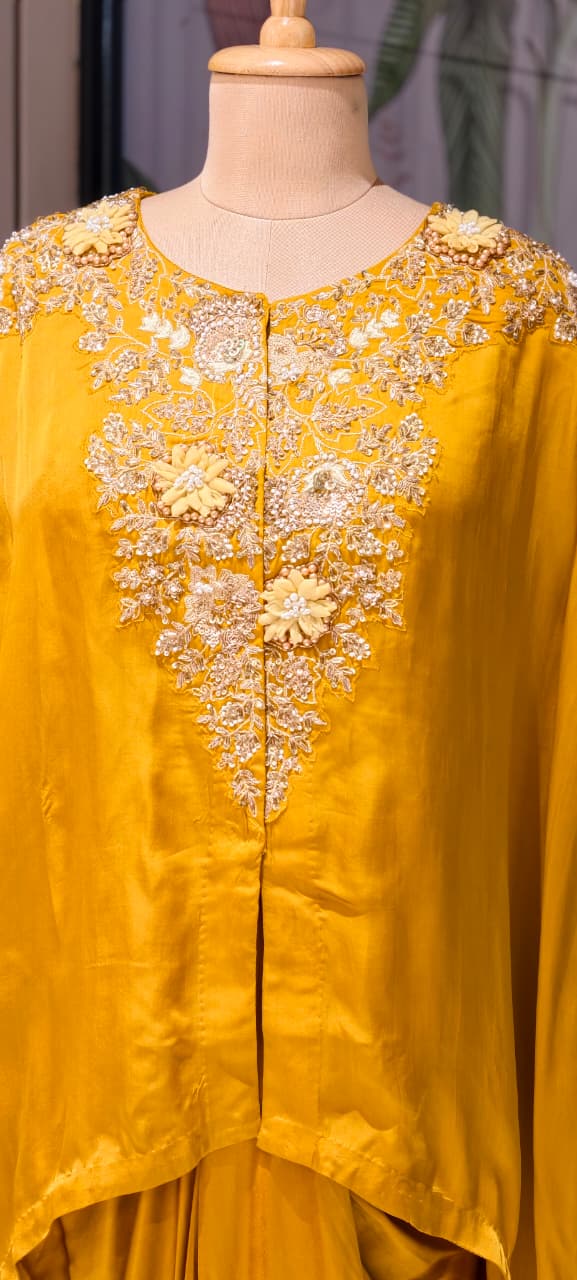 Luxury Chinon Kaftan Top with Draped Dhoti Skirt Set – Festive Indo-Western Fusion Wear- 14239