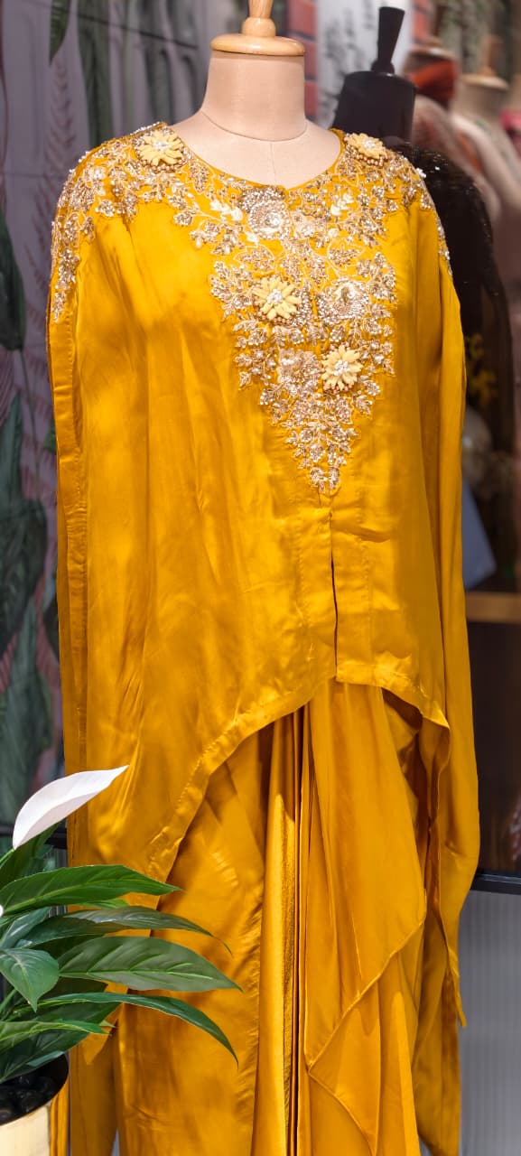 Luxury Chinon Kaftan Top with Draped Dhoti Skirt Set – Festive Indo-Western Fusion Wear- 14239