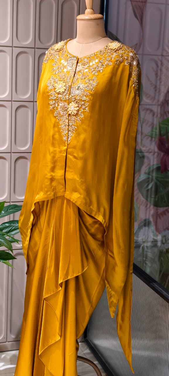 Luxury Chinon Kaftan Top with Draped Dhoti Skirt Set – Festive Indo-Western Fusion Wear- 14239