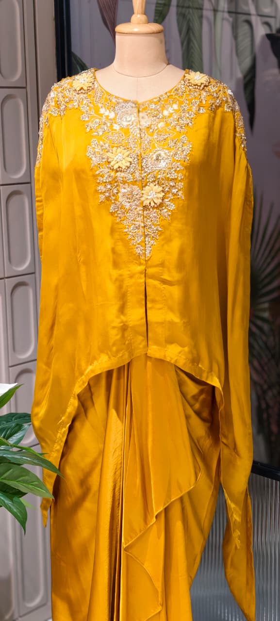 Luxury Chinon Kaftan Top with Draped Dhoti Skirt Set – Festive Indo-Western Fusion Wear- 14239