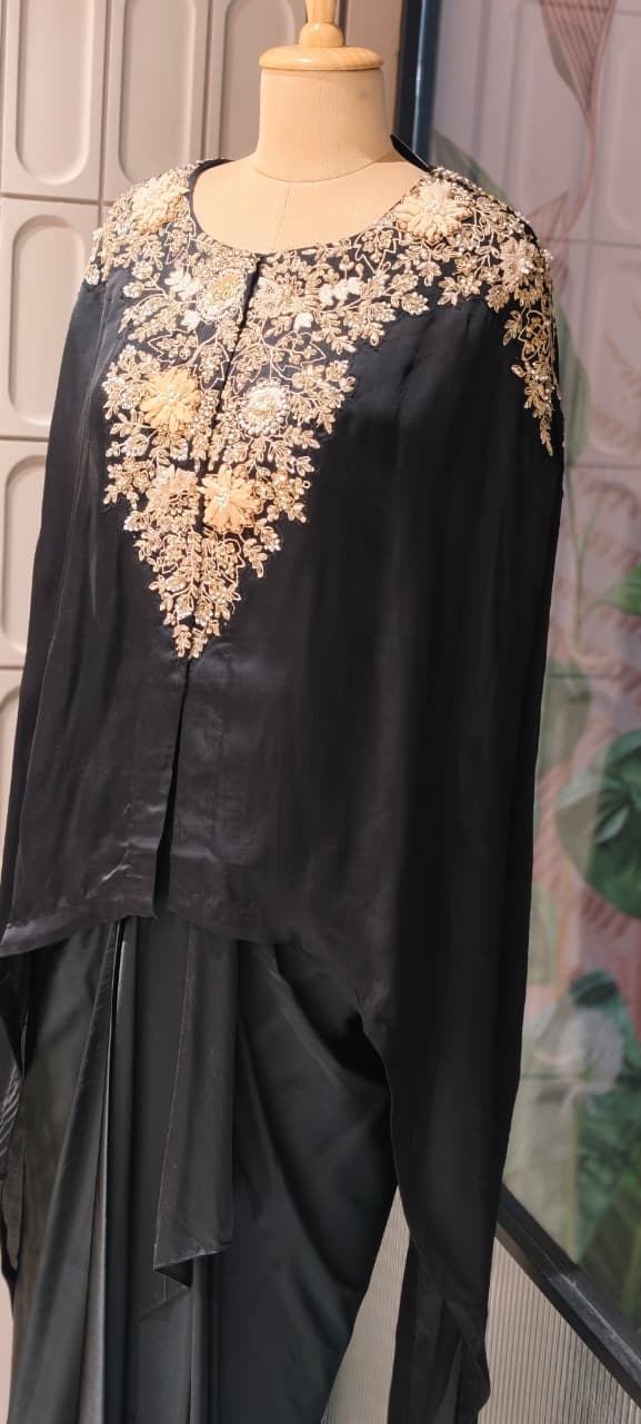 Luxury Chinon Kaftan Top with Draped Dhoti Skirt Set – Festive Indo-Western Fusion Wear- 14239