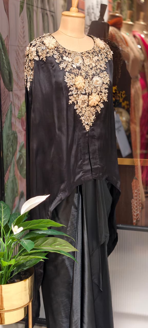 Luxury Chinon Kaftan Top with Draped Dhoti Skirt Set – Festive Indo-Western Fusion Wear- 14239