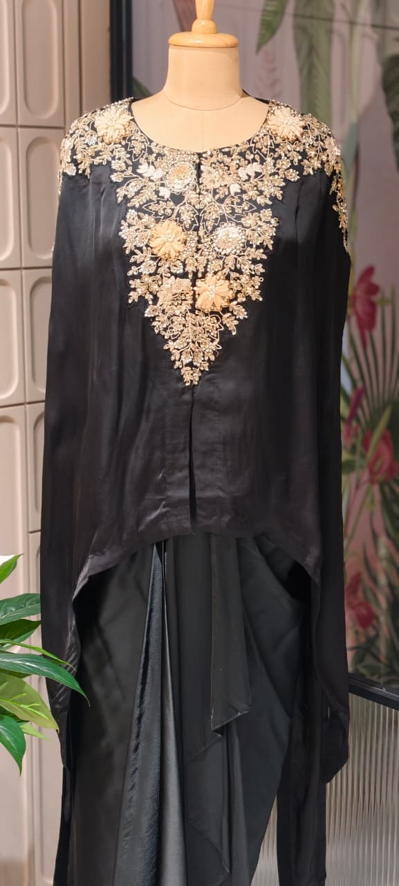 Luxury Chinon Kaftan Top with Draped Dhoti Skirt Set – Festive Indo-Western Fusion Wear- 14239