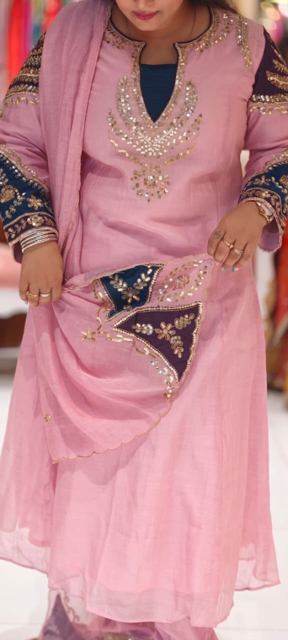 Elegant Mul-Chanderi Panel Anarkali Full Suit Set with Intricate Zardozi Neckline & Contrast Embroidered Sleeves- 14927