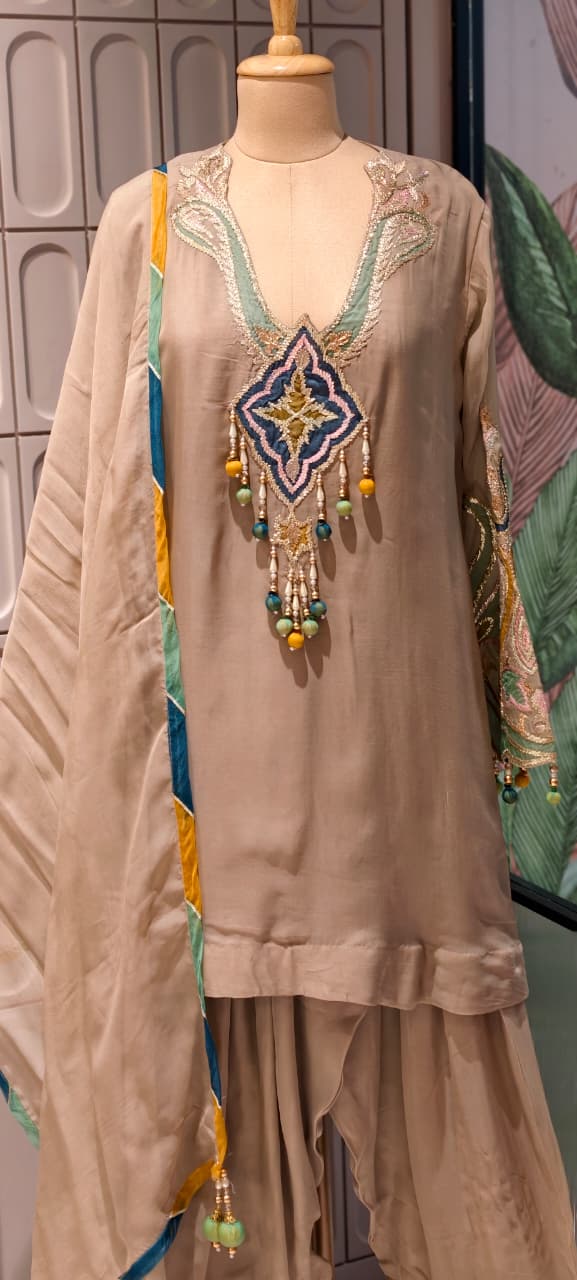 Emerald-Accented Pastel Patchwork Medallion Ivory Silk Farsi Salawr Suit Set With Hanging Beads- 14840
