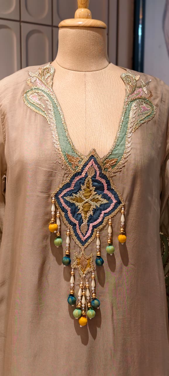 Emerald-Accented Pastel Patchwork Medallion Ivory Silk Farsi Salawr Suit Set With Hanging Beads- 14840