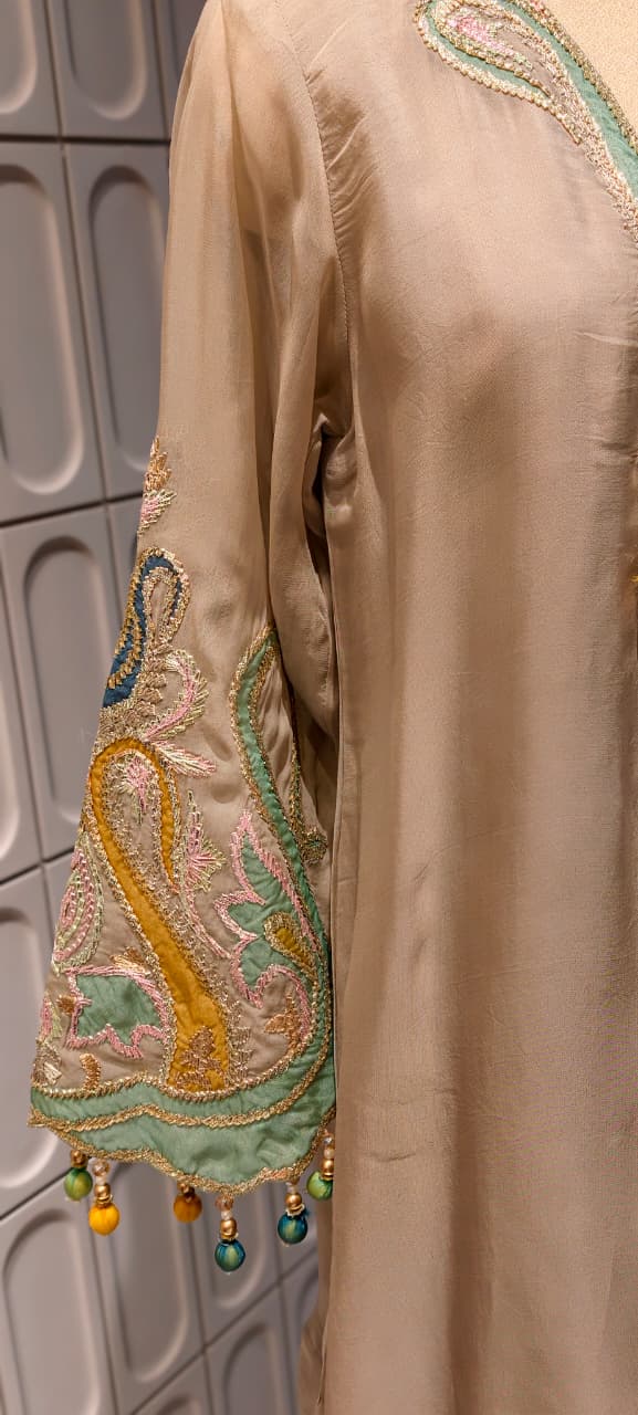Emerald-Accented Pastel Patchwork Medallion Ivory Silk Farsi Salawr Suit Set With Hanging Beads- 14840