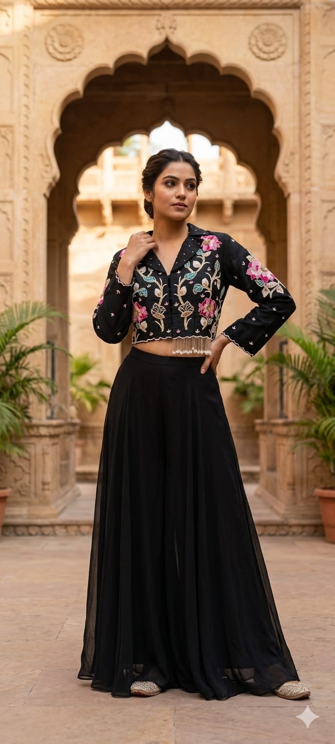 Very Elegant Cut-dana Floral Work Tassled Collared Tissue Crop Top With Drape Skirt- 12363