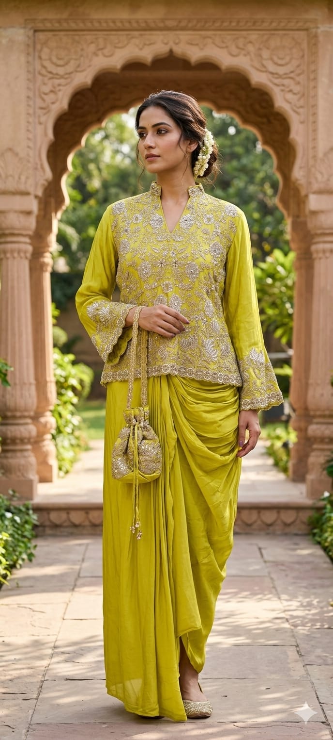 Bright Royal Aura Embroidery Embellished Indo-Western Wear With Dhoti Skirt & Potli In Crepe Fabric-11176
