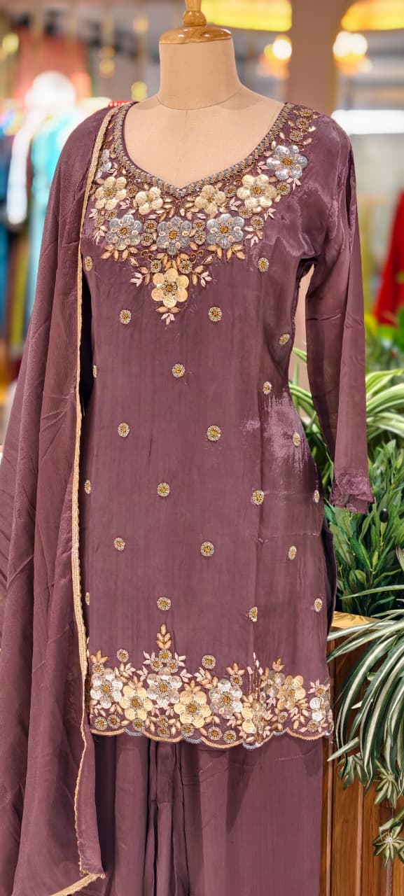 Premium Chinon Intricate Floral Embroidered Full Suit Set with Dupatta & Palazzo Bottom- 14012