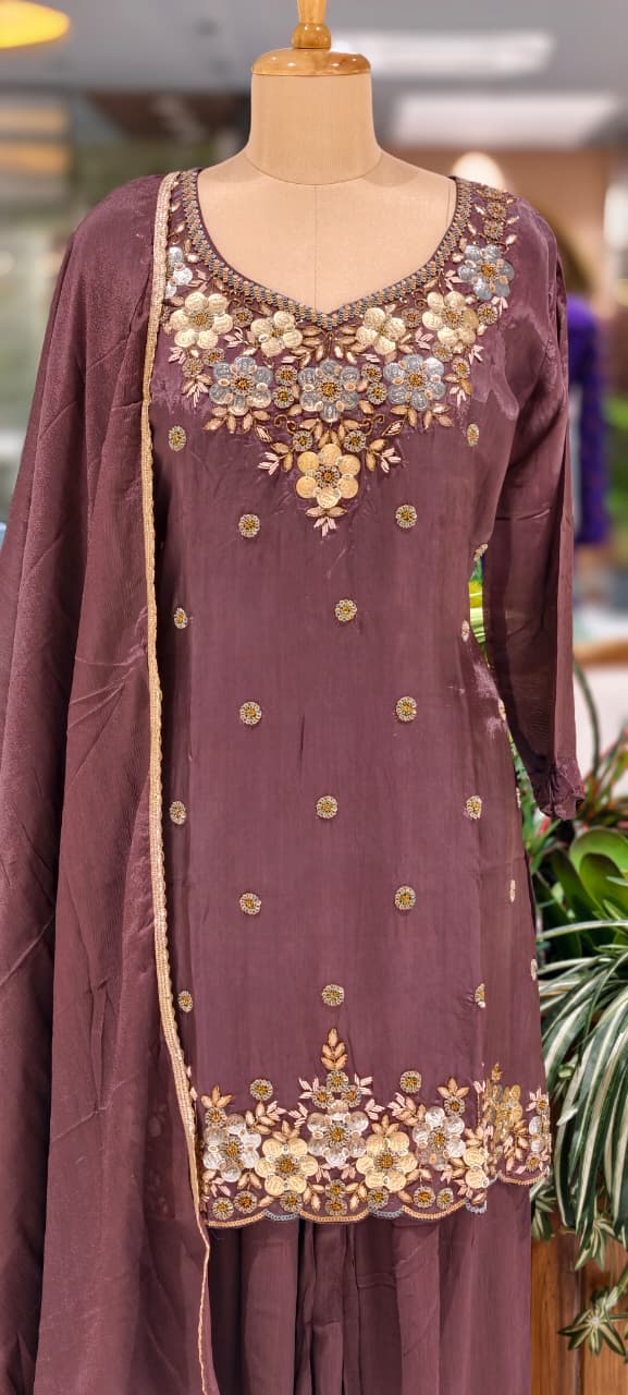 Premium Chinon Intricate Floral Embroidered Full Suit Set with Dupatta & Palazzo Bottom- 14012