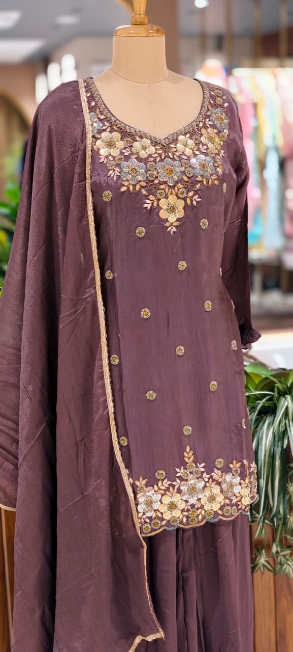 Premium Chinon Intricate Floral Embroidered Full Suit Set with Dupatta & Palazzo Bottom- 14012