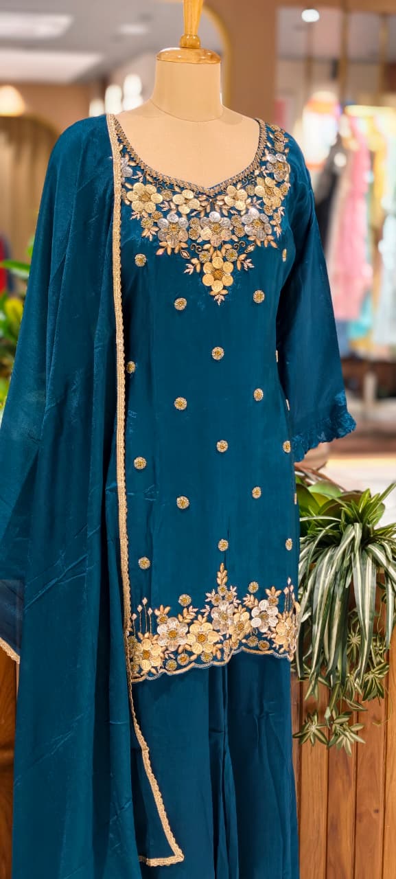 Premium Chinon Intricate Floral Embroidered Full Suit Set with Dupatta & Palazzo Bottom- 14012