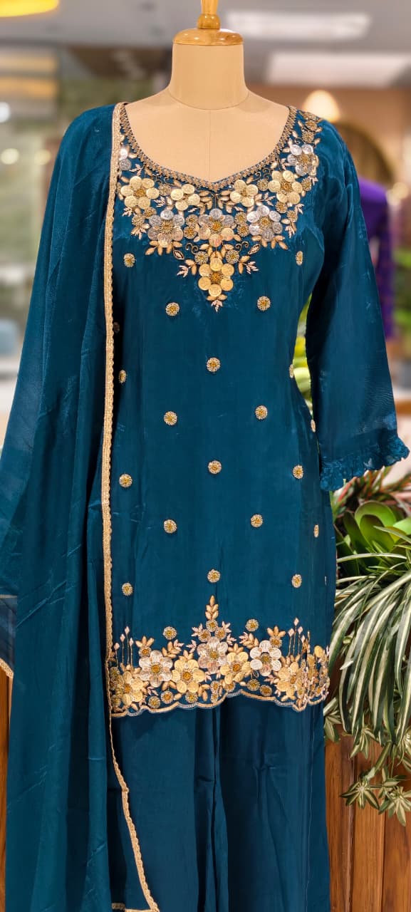 Premium Chinon Intricate Floral Embroidered Full Suit Set with Dupatta & Palazzo Bottom- 14012