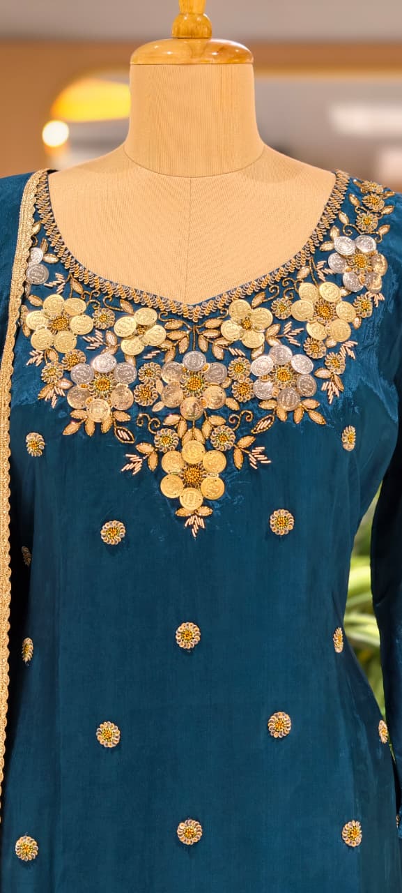 Premium Chinon Intricate Floral Embroidered Full Suit Set with Dupatta & Palazzo Bottom- 14012