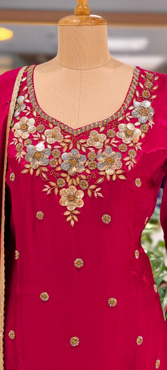 Premium Chinon Intricate Floral Embroidered Full Suit Set with Dupatta & Palazzo Bottom- 14012