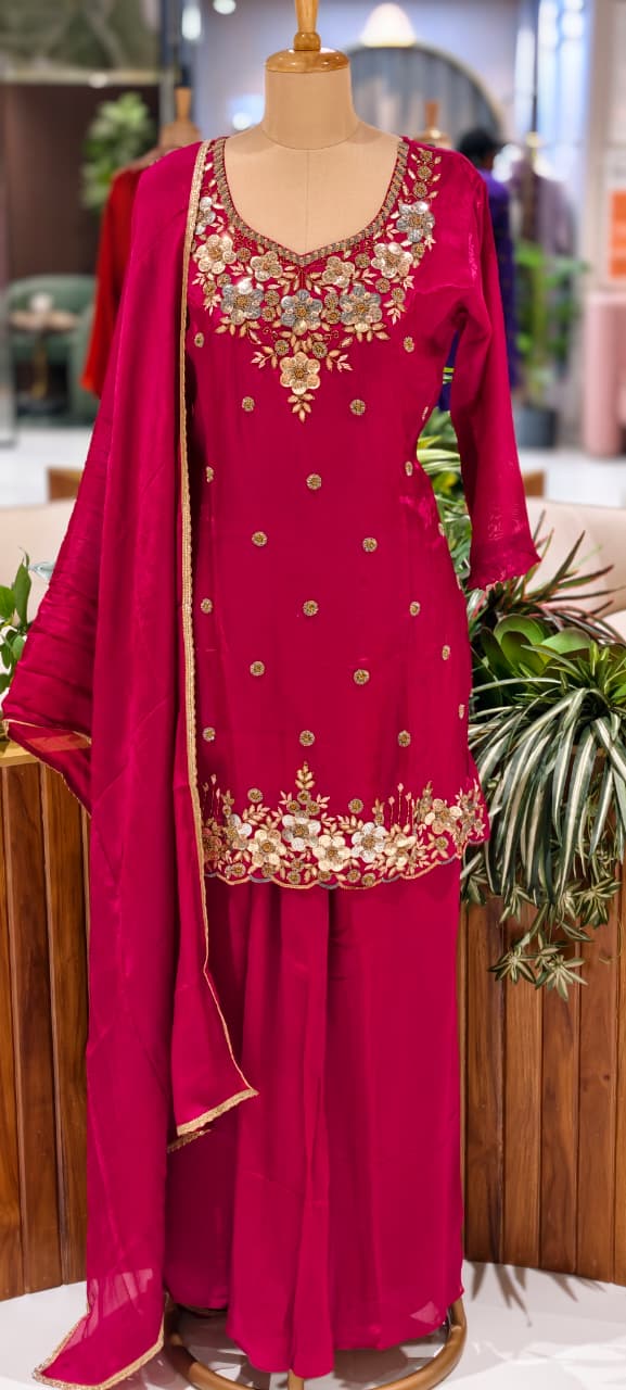 Premium Chinon Intricate Floral Embroidered Full Suit Set with Dupatta & Palazzo Bottom- 14012