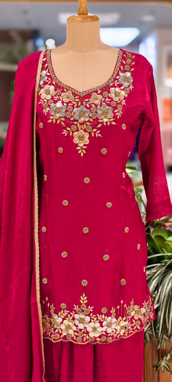 Premium Chinon Intricate Floral Embroidered Full Suit Set with Dupatta & Palazzo Bottom- 14012