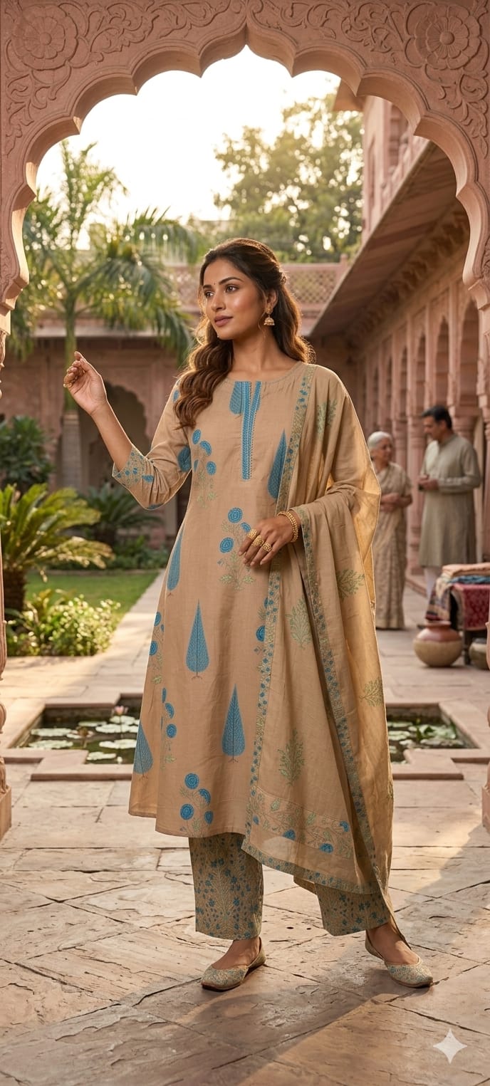 Floral Block Print Leafy Elegance A-Line Cotton Full Suit Set With Dupatta