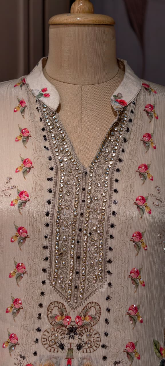 Ethereal Light Ivory Delicate Floral Prints & Neck Detailing Kaftan Sharara Set- 14933