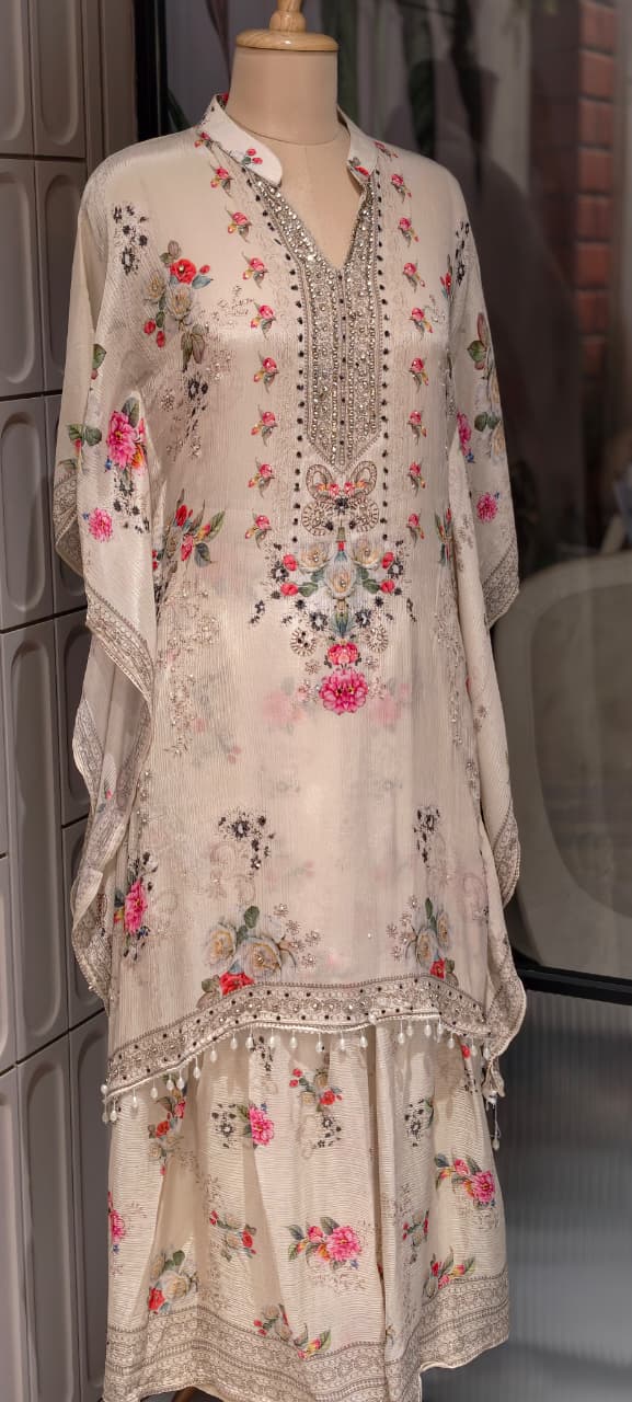 Ethereal Light Ivory Delicate Floral Prints & Neck Detailing Kaftan Sharara Set- 14933