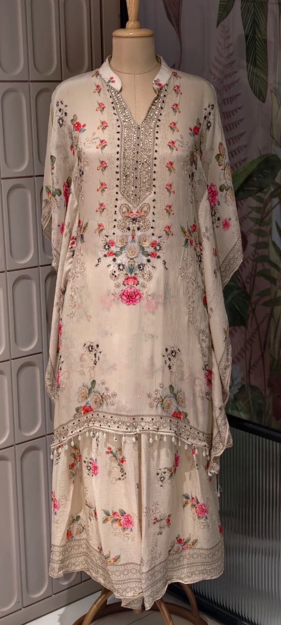 Ethereal Light Ivory Delicate Floral Prints & Neck Detailing Kaftan Sharara Set- 14933