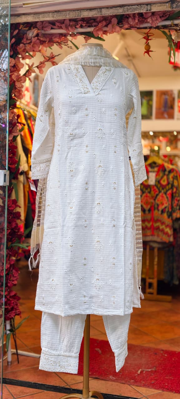 Pure White Tiny Golden Intricate Embroidery Cotton Full Suit Set With Dupatta