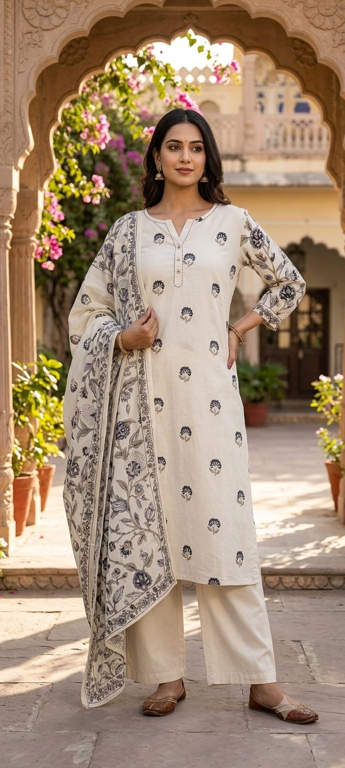 Sophisticated Cream Floral Block Print Cotton Full Suit Set with Matching Dupatta- 14967