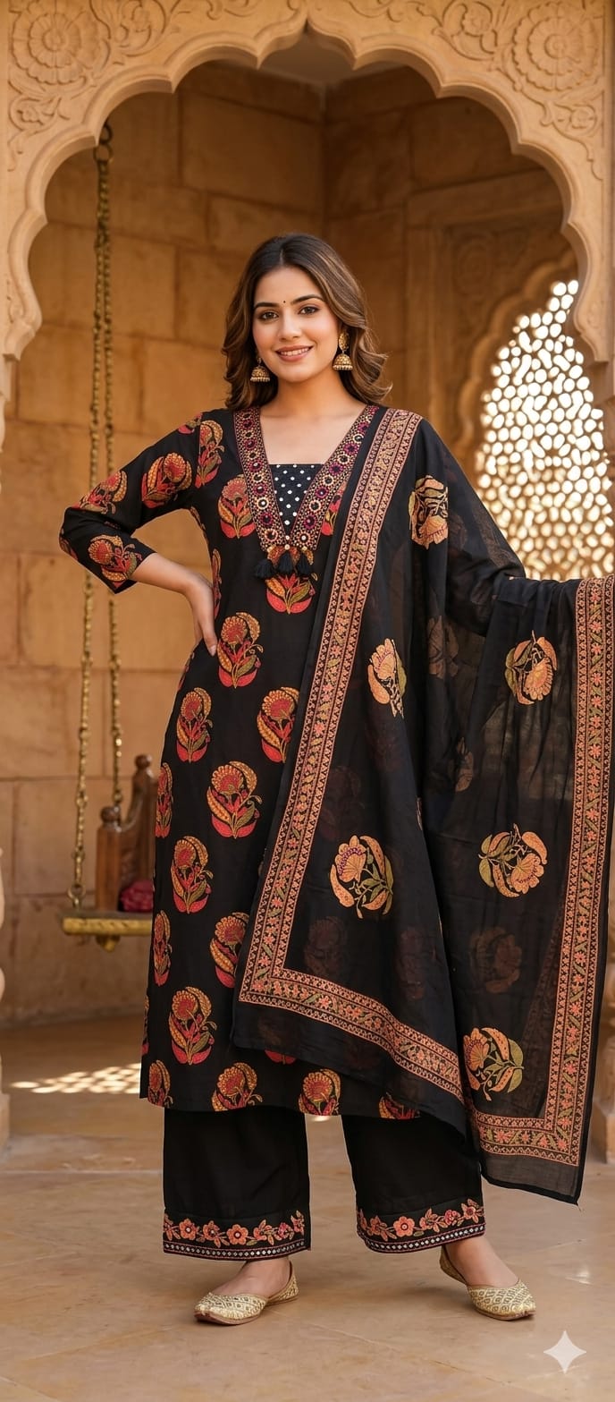 Dark Shade Contrasted Floral Block Print Cotton Straight Full Suit Set With Dupatta- 14971